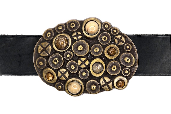 Vintage Plated Brass Belt Buckle Made in Italy: Creatively Designed with Polished Stones