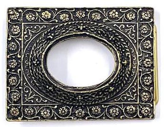 rectangular brass belt buckle with space for oval… - image 1