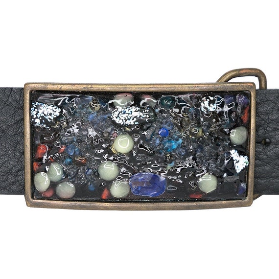 Rectangular Old Brass Buckle with Multicolor Melt… - image 1