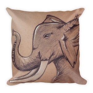 May include: A close-up of a pencil drawing of an elephant's head on a brown background. The elephant's trunk is curled up and its tusks are visible.