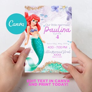 Ariel Birthday Invitation, Little Mermaid Editable Template, Little Mermaid Birthday Party, Canva Invitation, Instant Download