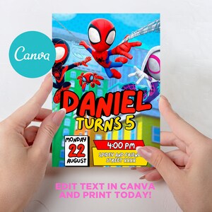Puede incluir: Una colorida invitación con personajes de Spider-Man. El diseño incluye el nombre "DANIEL TURNS 5", la fecha, la hora y los detalles del lugar. También está presente el texto "EDIT TEXT IN CANVA AND PRINT TODAY!"
