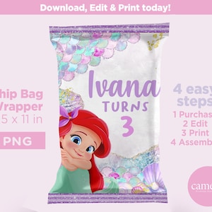 Mermaid chip bag, Little Mermaid Candy bag, snacks treat bags, under the sea, purple aqua, birthday party favors