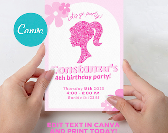 Pink Doll Birthday Invitation Template for Girl&#39;s Birthday Party, Hot Pink Doll Birthday Invite, Glitter Pink Invitation, Editable,