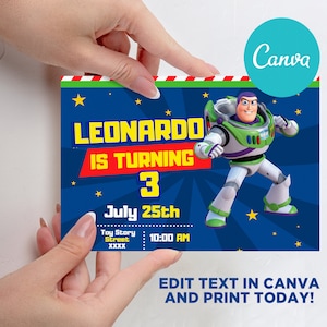 Puede incluir: Una invitación de cumpleaños azul y roja con una imagen de dibujos animados de Buzz Lightyear de Toy Story. La invitación dice "Leonardo cumple 3 años" e incluye la fecha "25 de julio" y la hora "10:00 AM".