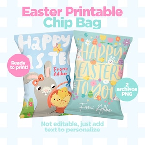 Puede incluir: Dos diseños de bolsas de patatas fritas imprimibles con temas de Pascua. Un diseño tiene un conejito sosteniendo una cesta de pollitos con el texto "Happy Easter" y el otro diseño tiene un borde floral con el texto "Happy Easter to you". Ambos diseños incluyen el texto "From: Adibe" y "2 archivos PNG".
