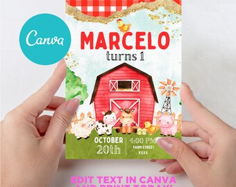 Farm Birthday Invitation Template Barn Farm Animals Birthday Party Invitation Modern Farm Animal Editable Digital Template INSTANT DOWNLOAD