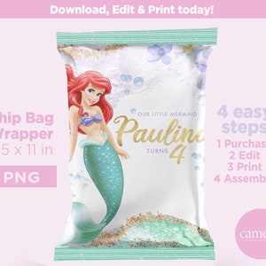 Little Mermaid Birthday Party, Chip Bags Wrapper Label ,Little Mermaid Ariel Snack Bag Printable, Digital Download, Little Mermaid Candybag