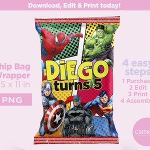 Super Heroes Chip Bag, Kids Birthday Potato Chip Bag, Printable Template, Super Heroes Party, Superhero Party