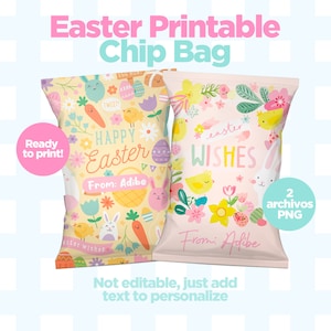 Könnte beinhalten: Zwei druckbare Chipstüten-Designs mit Ostern-Motiven. Eine Tüte hat einen gelben Hintergrund mit einem bunten Muster aus Hasen, Küken, Karotten, Blumen und Eiern. Der Text "Frohe Ostern" und "Von: Adibe" ist enthalten. Die andere Tüte hat einen rosa Hintergrund mit einem bunten Muster aus Hasen, Küken, Blumen und Eiern. Der Text "Ostergrüße" und "Von: Adibe" ist enthalten. Beide Tüten haben einen weißen Rand.