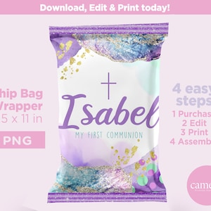 Aqua and Purple Chip Bag, First Communion Chip Bag, Birthday Party, Snack Treats Bag, Party Favors, Purple Chip Bag, Blue Chip Bag