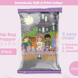 Halloween Printable Chip Bag label template, Pink Halloween Party Favors,Halloween Chip Bag Labels, Trick or Treat Wrapper, Halloween Favor