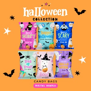 Halloween-Chip-Tüte, Sofort-Download, Trick-or-Treat-Chip-Tütenverpackungen, bearbeitbare Halloween-Leckerli-Tüten, Geburtstagsgeschenke, Halloween-Süßigkeitstüte