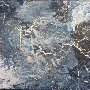 Acrylic paint mixed media heavily textured with tiny beads ready to hang Lightening Strike