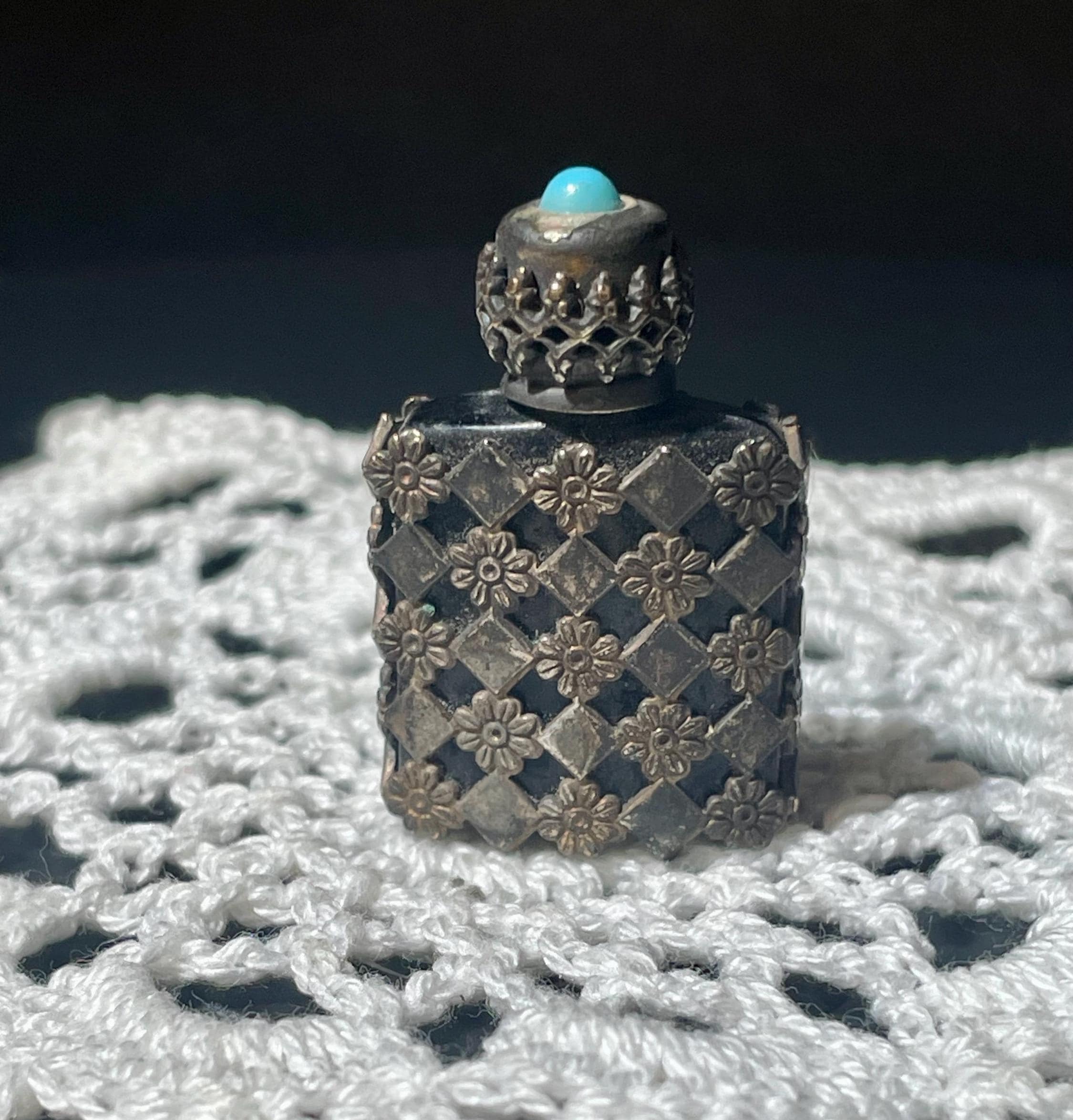 Antique Black Amethyst Glass Miniature Perfume Bottle, Sterling Silver Filigree, Turquoise Cabochon