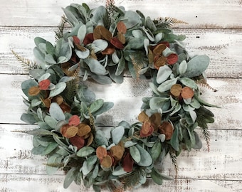 Lamb's Ear Fall Wreath - Rust and Brown Eucalyptus and Fern Leaves For Front Door Porch Home Decor