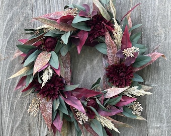 Eucalyptus Burgundy Dahlia Beige Grass Fall Wreath For Front Door - Large Porch Home Decor - Pink Seed Berry - Magenta - Maroon