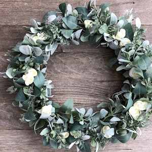 Lamb's Ear and Eucalyptus White Ranunculus Year Round - XL Wreath Option