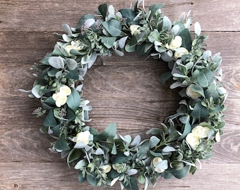 Lamb's Ear and Eucalyptus White Ranunculus Year Round - XL Wreath Option