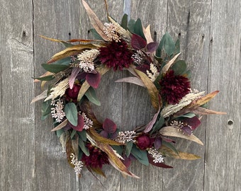 Eucalyptus Burgundy Dahlia Beige Grass Fall Wreath For Front Door - Porch Home Decor - Pink Seed Berry - Magenta - Maroon