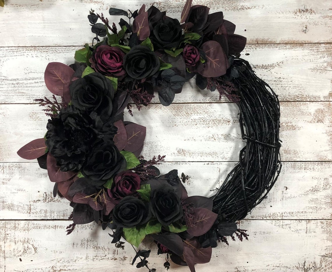 Purple and Black Rose Fall Wreath - Moody - Gothic Theme - Halloween - Black Mourning Funeral Wreath image 1