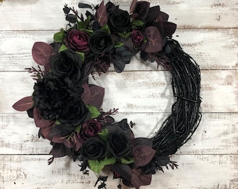 Purple and Black Rose Fall Wreath - Moody - Gothic Theme - Halloween - Black Mourning Funeral Wreath