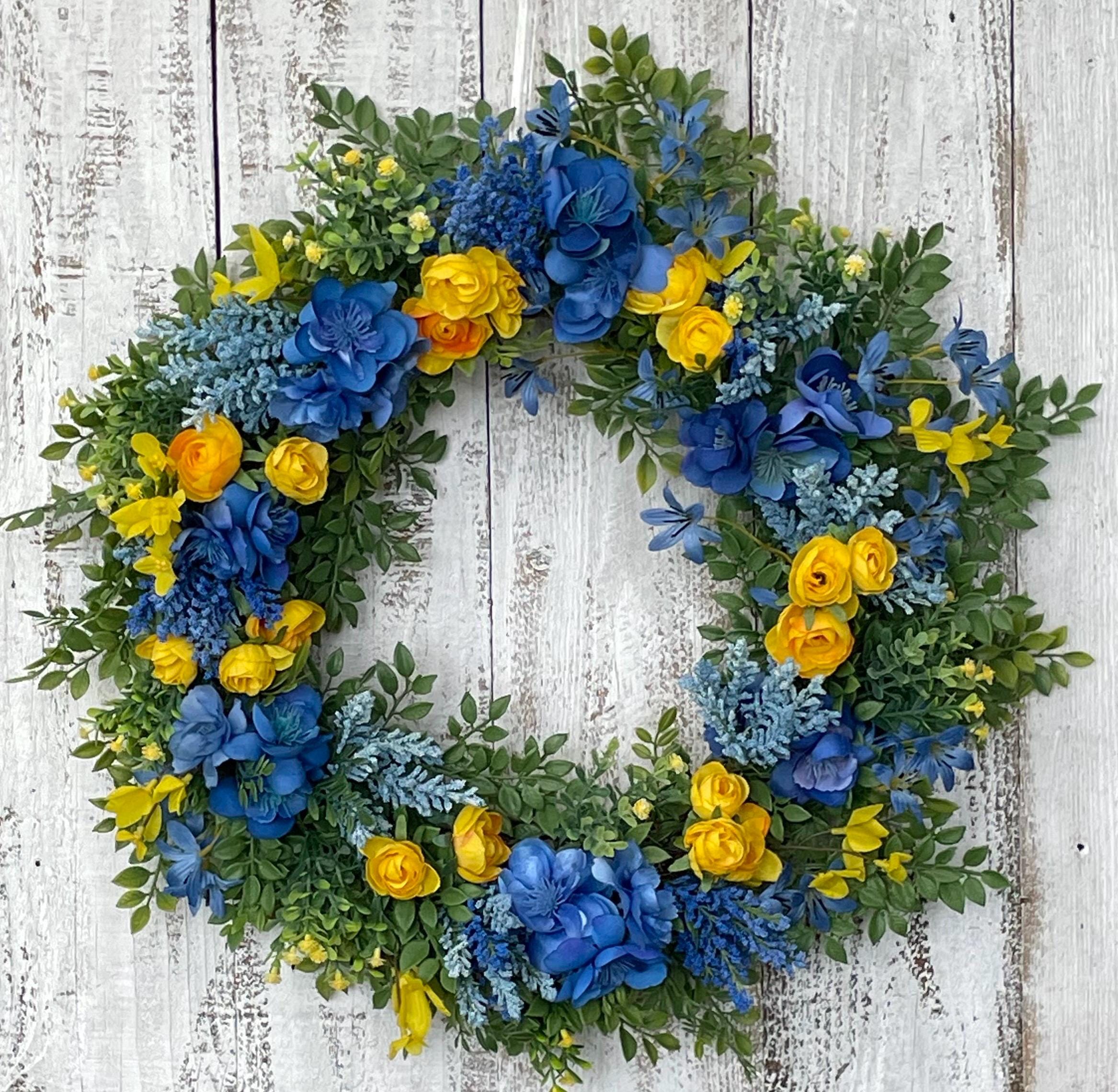 Spring Wreath With Blue/yellow Flowers - Summer Wreath - Home