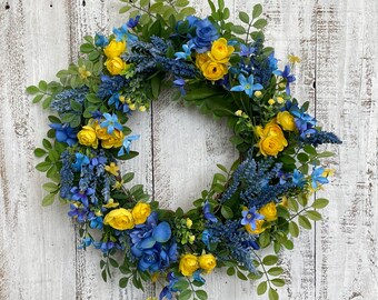 Blue and Yellow Spring Wreath - Summer Blue and Yellow Flowers -  Home Decor - Front Door