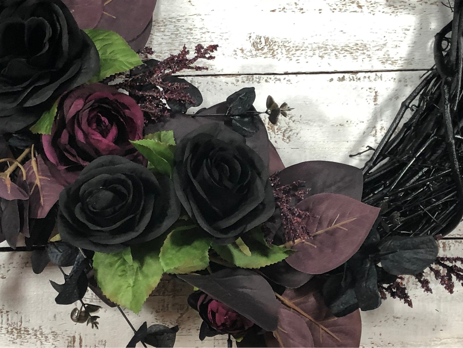 Purple and Black Rose Fall Wreath Moody Gothic Theme Halloween Black