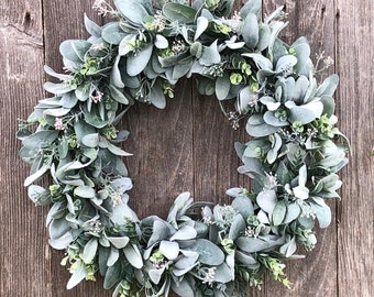 Lamb's Ear Wreath and Eucalyptus Year Round Wreath, Everyday Wreath With White or Pink Accents