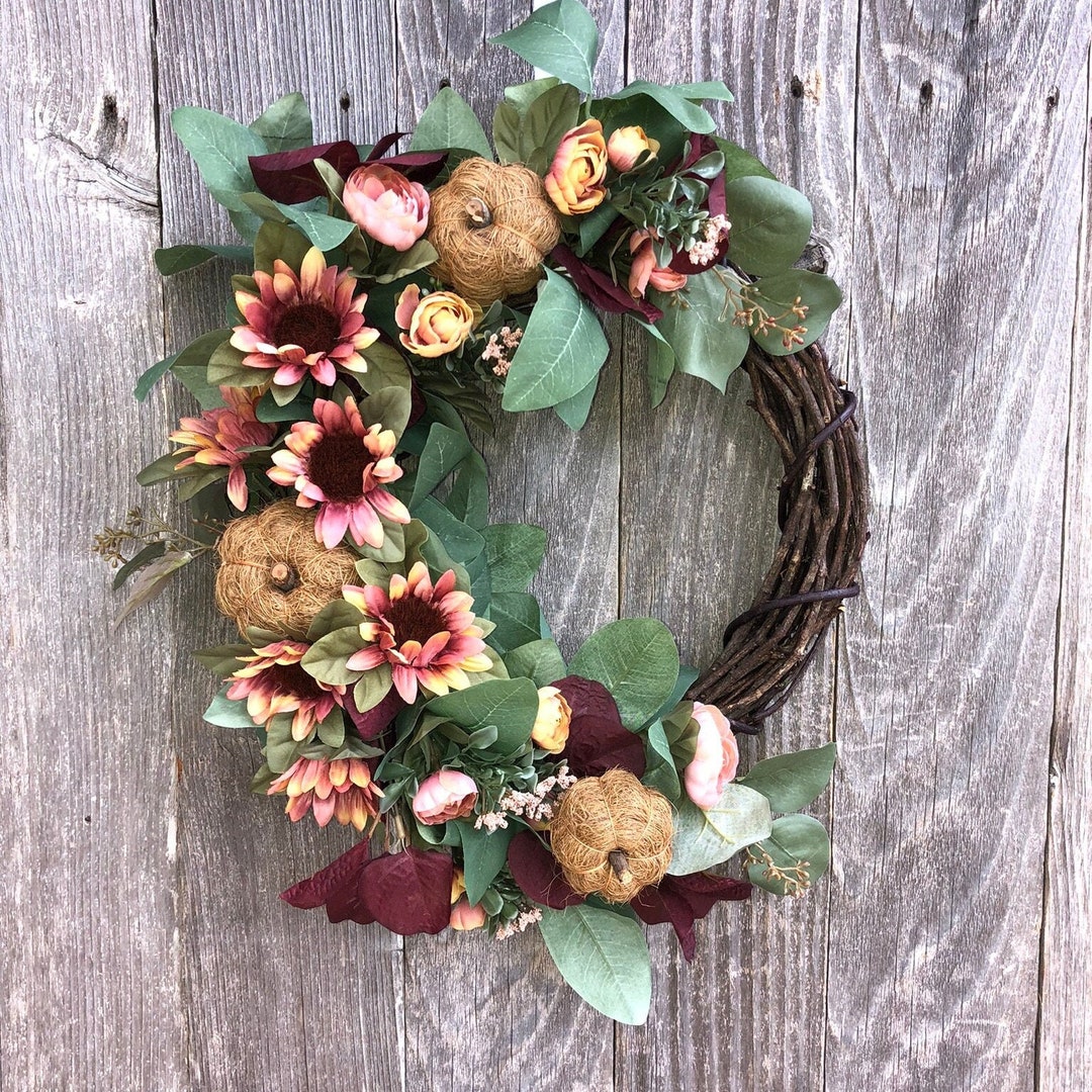 Pink and Yellow Ranunculus Sunflower Pumpkin Wreath With - Etsy
