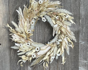 Neutral Pampas Grass Corn Husk Mini Flower Cream Fall Wreath For Front Door - Porch Home Decor