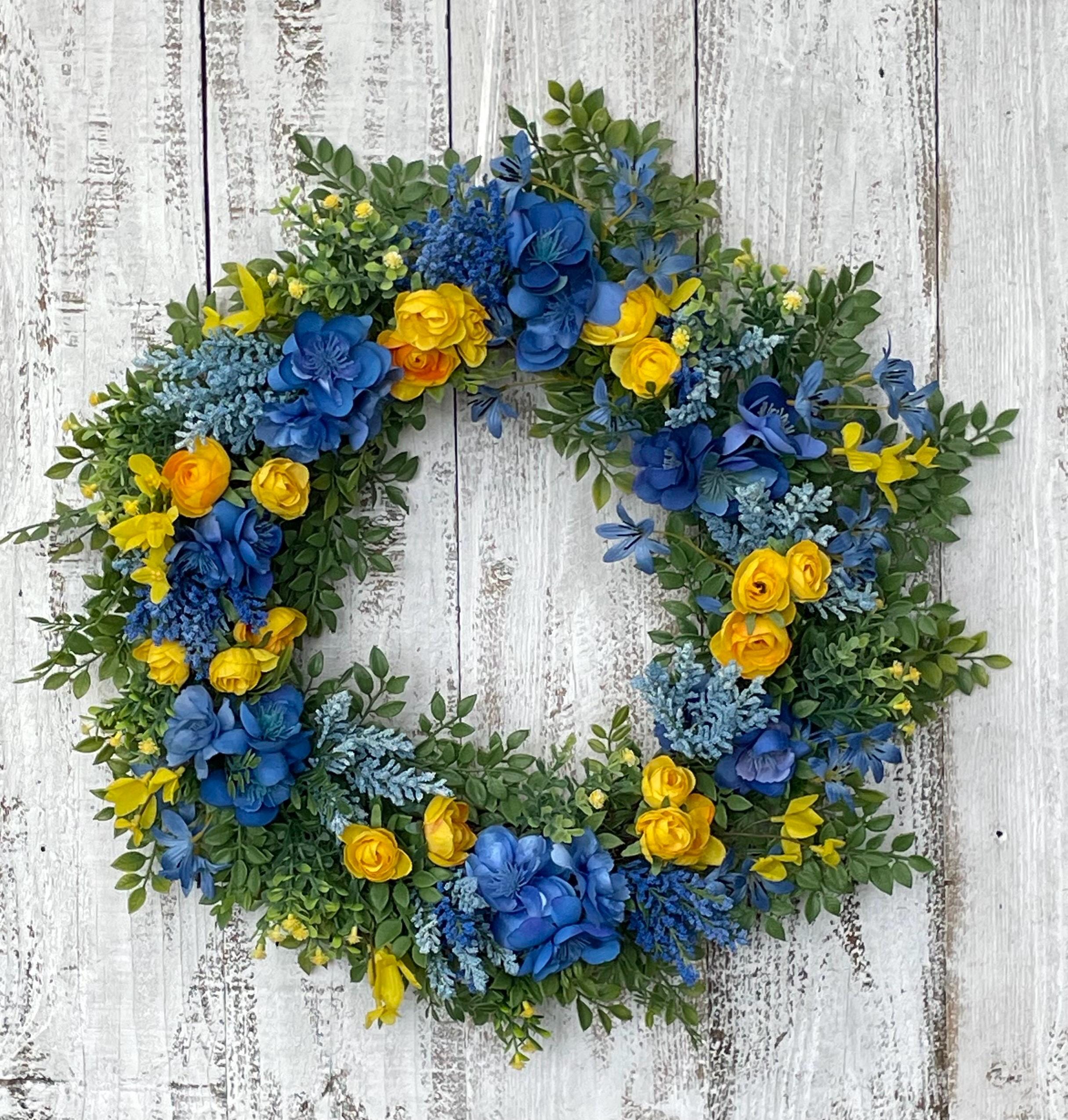 Spring Wreath With Blue/yellow Flowers - Summer Wreath - Home