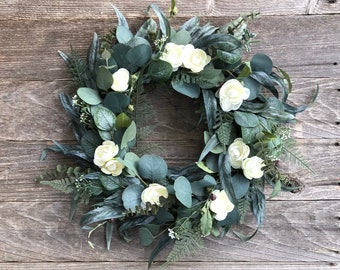 Eucalyptus and Cream Ranunculus Greenery Wreath for Front Door - Every Day Wreath - Home Decor - Spring - Summer