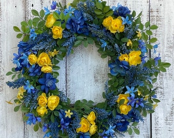 Couronne de printemps bleue et jaune - Fleurs d'été bleues et jaunes - Décoration d'intérieur - Porte d'entrée