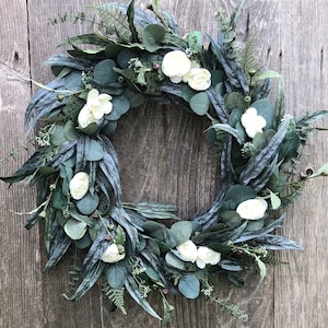 Eucalyptus and Cream Ranunculus Greenery Wreath for Front Door - Every Day Wreath - Home Decor - Spring - Summer