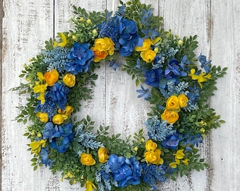 Spring Wreath with Blue/Yellow Flowers - Summer Wreath -  Home Decor - Front Door