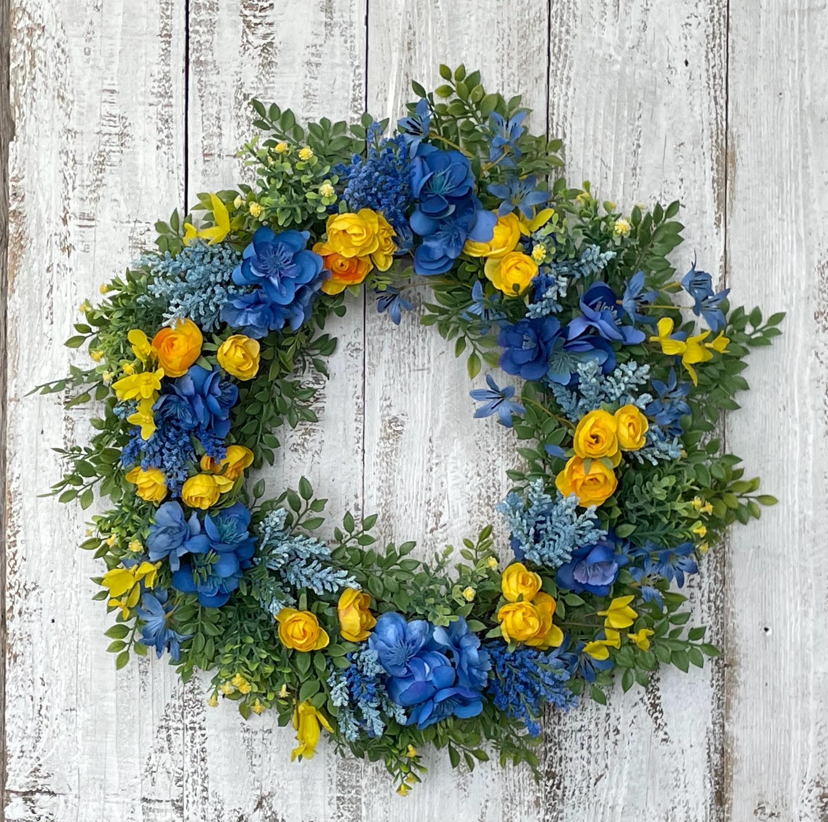 Spring Wreath With Blue/yellow Flowers - Summer Wreath - Home