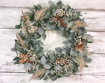 Cream Berry and Brown Leaf Lamb's Ear Wreath