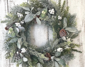 Flocked Winter Wreath – Snowy Pine, Eucalyptus & Pinecones
