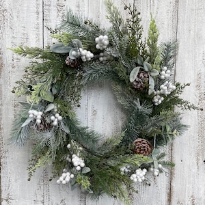 Flocked Winter Wreath - XL option - Snowy Pine, Juniper, Eucalyptus, Cedar, Lamb's Ear, Pinecones, and White or Blue  Berries