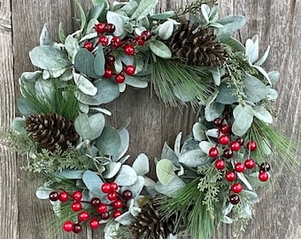 Lamb's Ear, Pine, Cedar, Eucalyptus, Red Berries, and Pinecones Wreath