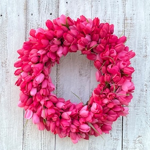Hot Pink with touch of Yellow and White, Light Pink, or Hot Pink Only Artificial Faux Tulip Wreath - Spring Flower Decor for Front Door