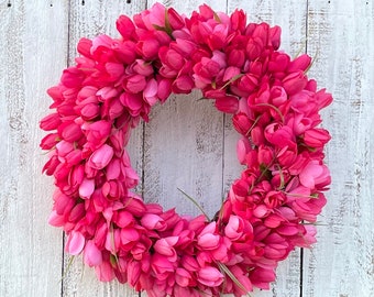 Hot Pink, Hot Pink with White/Yellow Base, or Light Pink Artificial Faux Tulip Wreath - Spring Flower Decor for Front Door