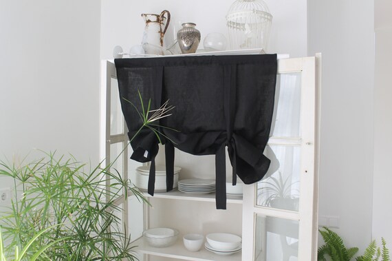 Black Linen Handmade Washed Curtains Linen Drapes Kitchen Tie Etsy