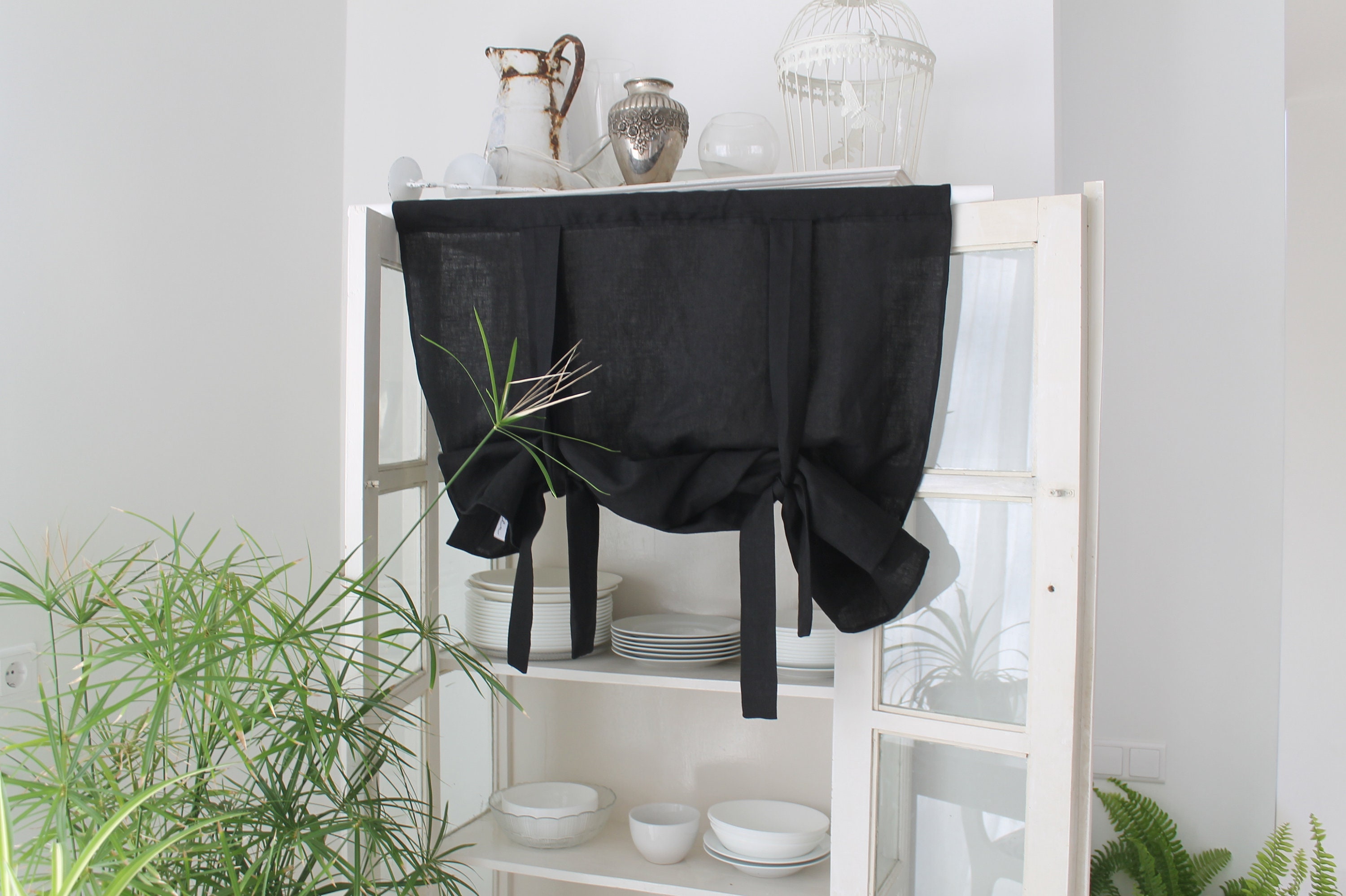 Black Linen Handmade Washed Curtains Linen Drapes Kitchen Tie Etsy