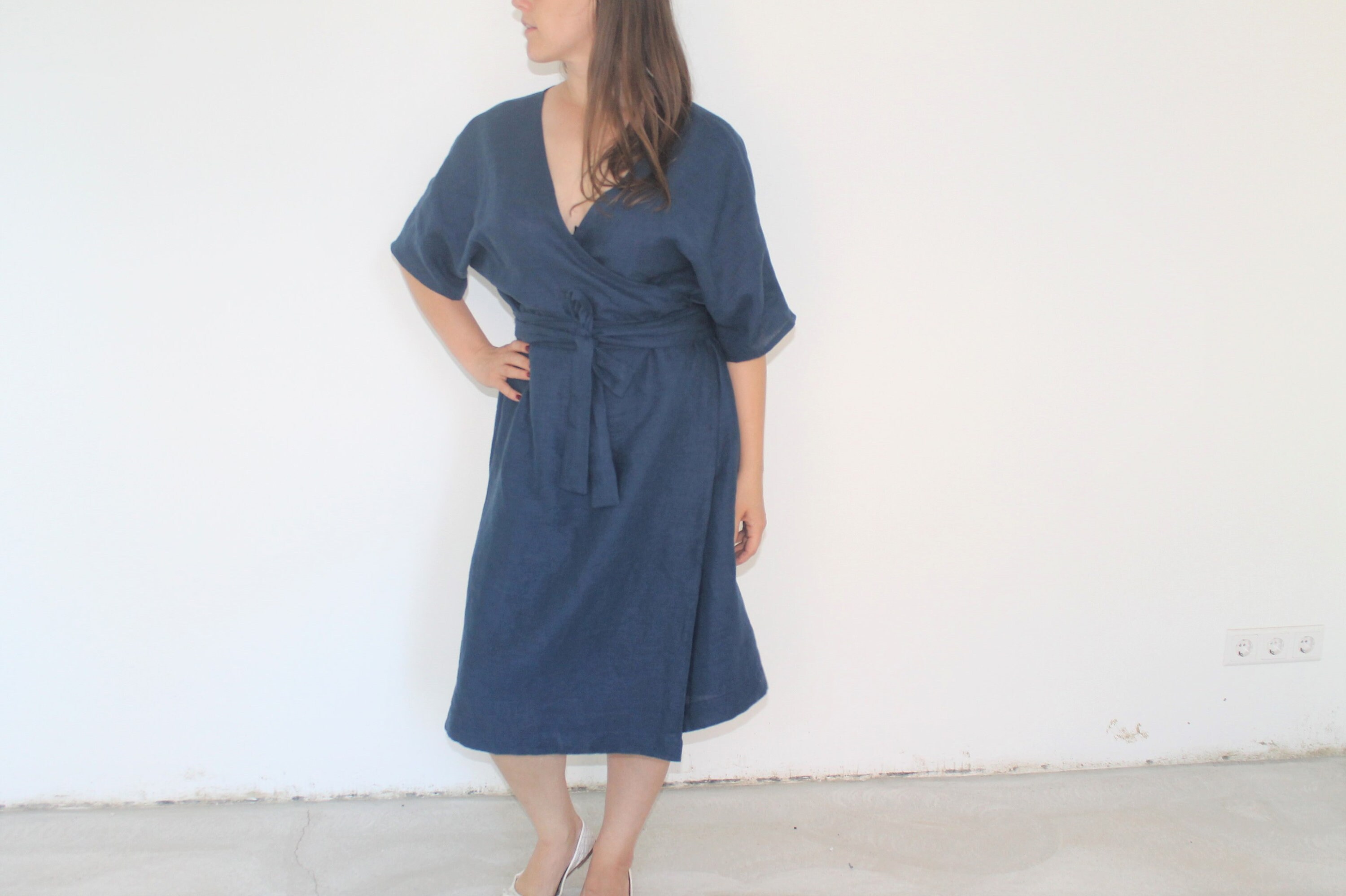 green linen wrap dress