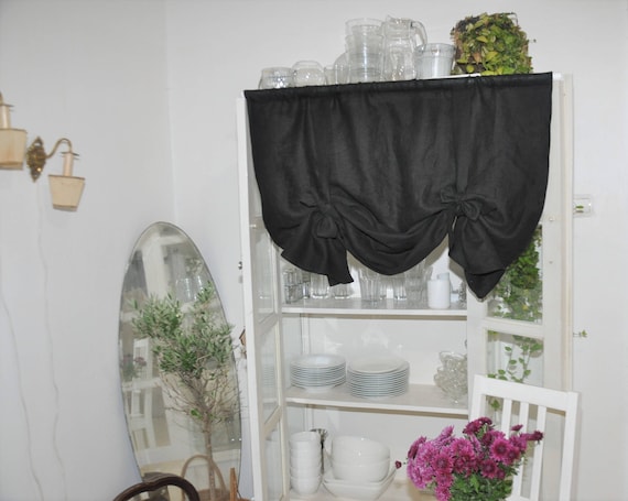 Black Linen Handmade Washed Curtains Linen Drapes Kitchen Tie Up Valance Window Treatment French Country Farmhouse Living Room Farmhouse