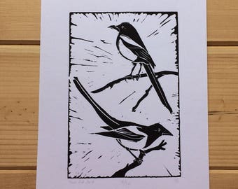 Two magpies lino print - unframed