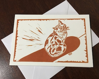 Ginger cat greetings card - from lino print